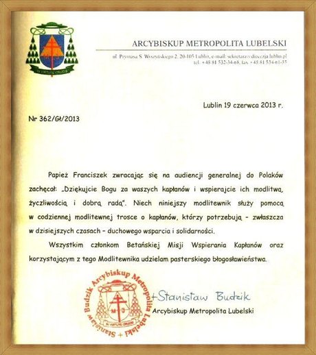 La benedizione dell'arcivescovo Stanisław Budzik per la Missione di Betania