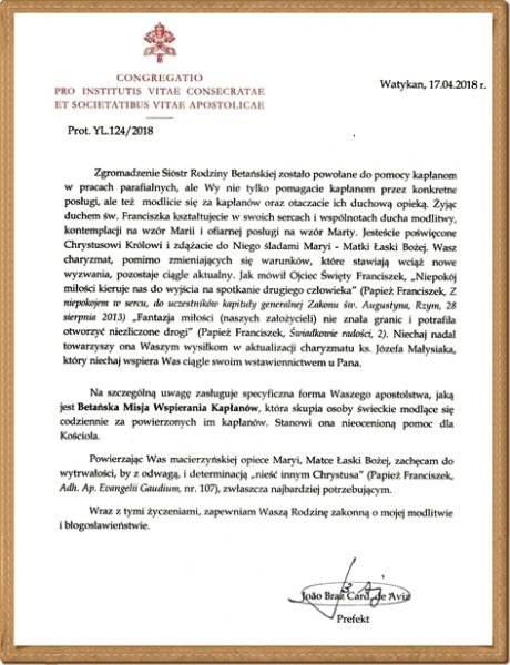 La benedizione della Santa Sede per la Missione di Betania